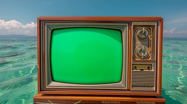 Vintage TV with green screen on tropical beach, perfect for mockup or video editing.