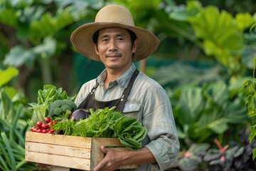 Portrait of Asian Farmer Man Holding Wooden Box Full of Fresh Raw Vegetables Organic Farm Concept