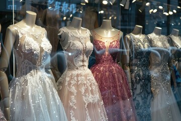 High Detail Image of Mannequins in Wedding and Evening Gowns in the Bridal Shop