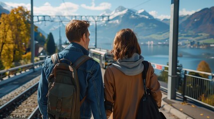 A young couple stands together at a scenic train station, overlooking a stunning lake and mountains in the background.