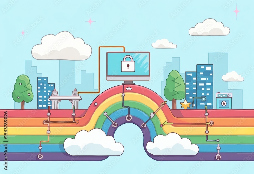 Poster A Colorful Digital Landscape Featuring a Secure Connection with Rainbow Pathways and Urban Elements