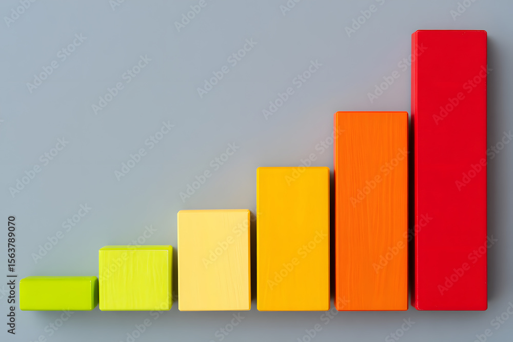 Poster colorful wooden blocks forming a bar graph on gray background a visual representation of growth and 
