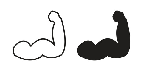 Strong arm icon. Flat and stroke versions. Graphic elements.