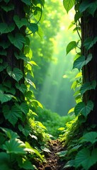 Sun-Dappled Lush Green Leaves and Climbing Vines A Vibrant Natural Scene of Intricate Plant Life, Perfect for Nature, Botany, and Environmental Projects.