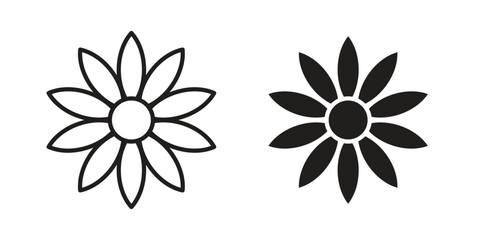 Sunflower icon. Flat and stroke versions. Graphic elements.