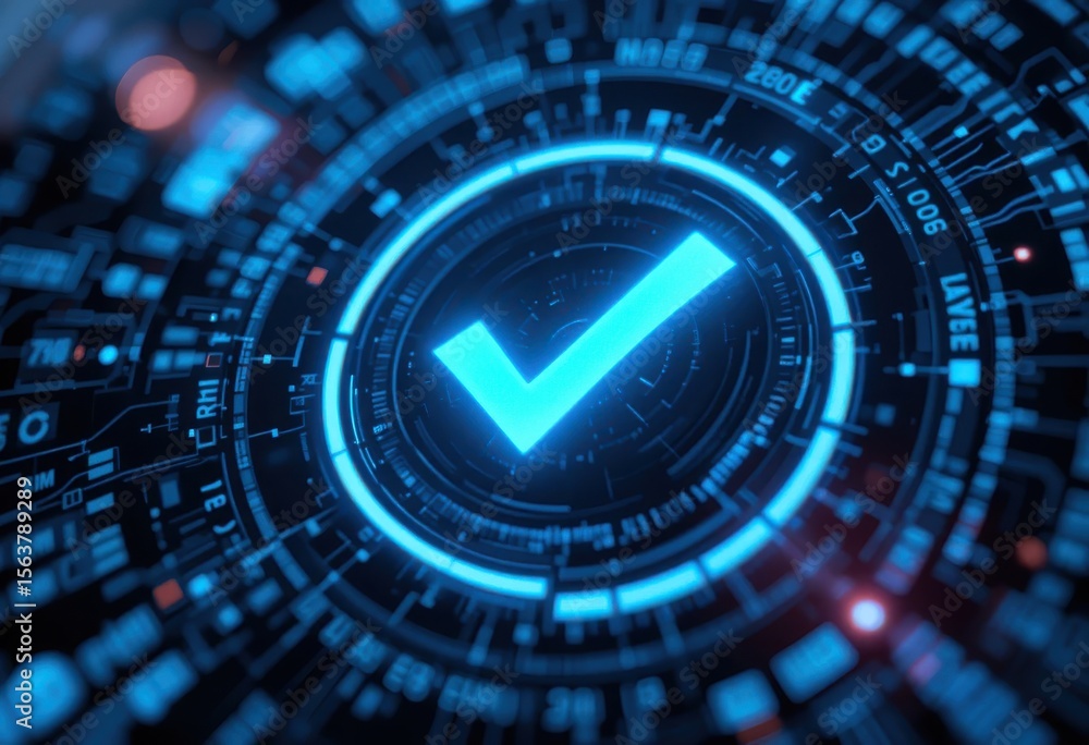 Poster digital validation: luminous checkmark on technological circuit board display