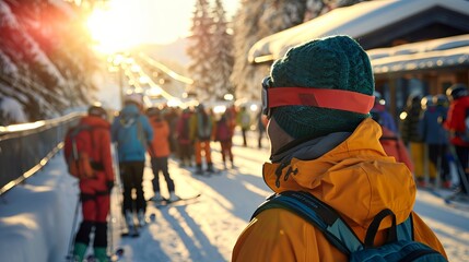 Obraz premium A young man in an orange ski jacket and green beanie watches skiers line up in the snow at sunset, capturing the excitement of winter sports.