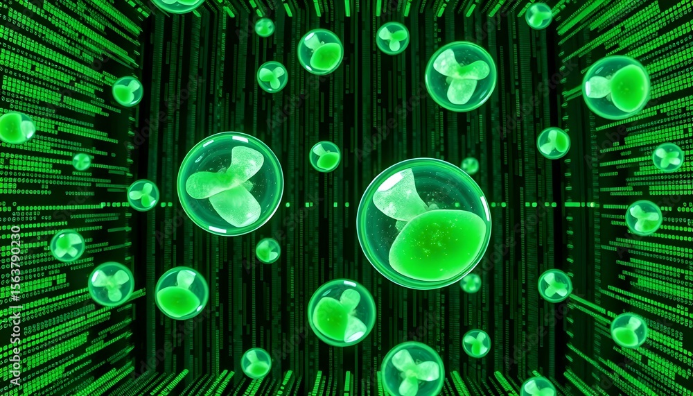 Poster exploring green bubbles in a digital matrix virtual environment abstract viewpoint