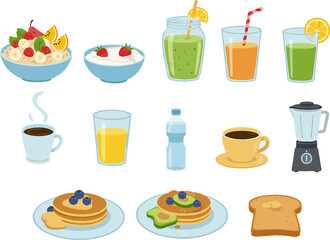 This food and drink icons set features vector illustrations of breakfast, coffee, cake, hamburger, pizza, and more meal icons