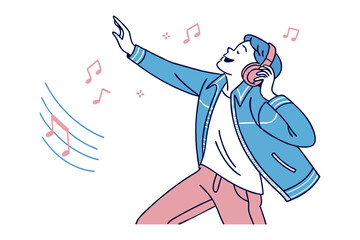 Joyful young person with headphones on enthusiastically listening to music and dancing with musical notes floating around them