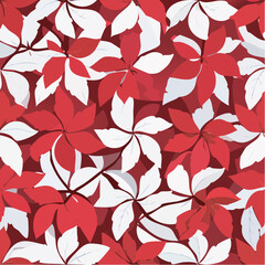 A vibrant and detailed illustration of a repeating pattern featuring stylized red and white leaves, creating a seamless floral design.