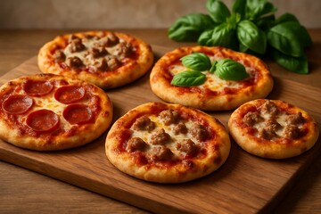 Delicious pepperoni pizza topped with olives and fresh basil with tomatoes