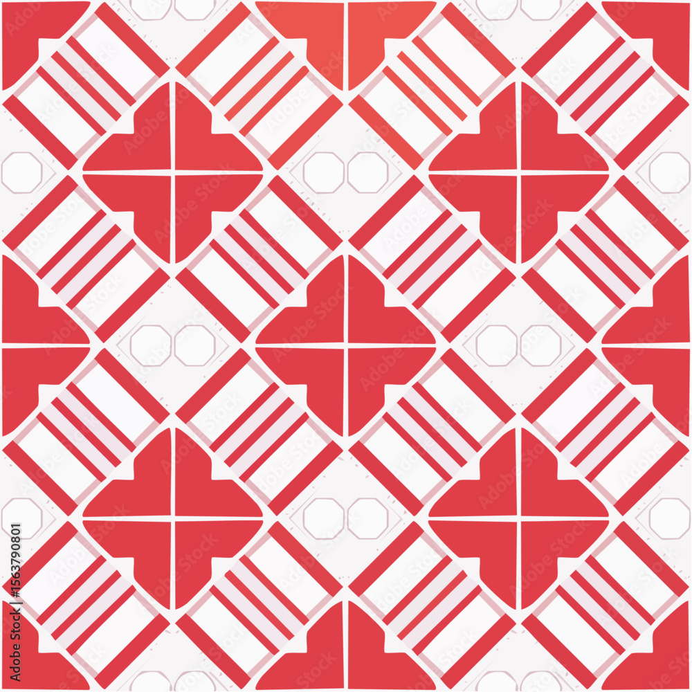 Poster abstract geometric pattern featuring repeating red and white shapes arranged in a symmetrical design