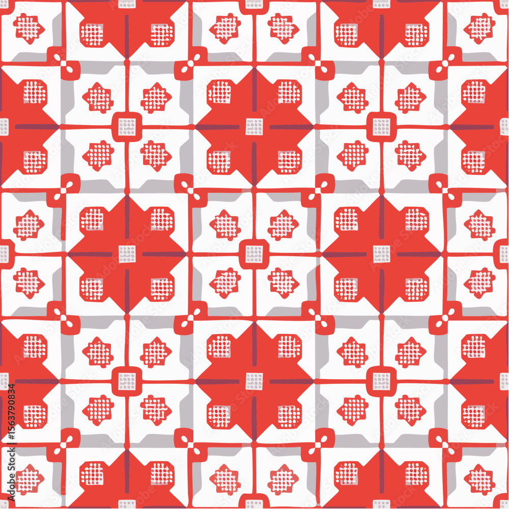 Poster a vibrant seamless geometric pattern featuring a repeating design with red, white, and gray elements