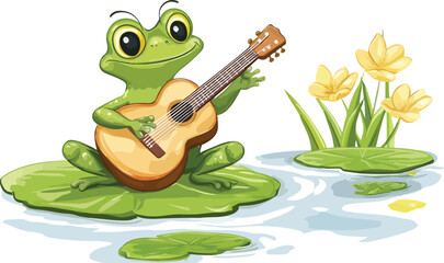 Fototapeta premium A cute, green cartoon frog plays a guitar in the water, a happy amphibian illustration