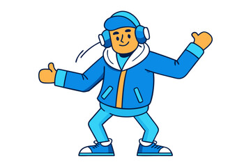 A happy cartoon character wearing headphones and a blue jacket gives a thumbs up while dancing to music