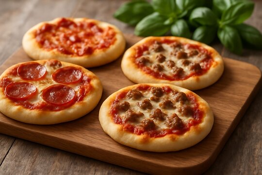 Four delicious mini pizzas featuring pepperoni and sausage toppings on a wooden board