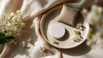 Linen Journal and Begonia Leaves on Ceramic Plate
