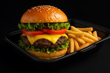Delicious cheeseburger with fresh lettuce tomato and a side of golden french fries