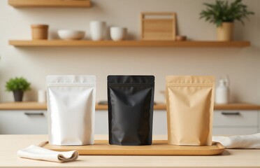 Three standing pouch in white, black, and kraft on light wood in Japandi kitchen with soft natural light, calm background and organic props for premium product branding mockups