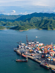 Aerial view of Manufacturing logistics cargo container ship at ship port in Yantian port, shenzhen...