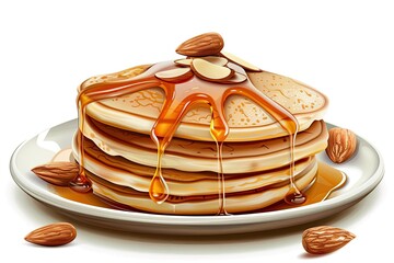 Premium Quality Picture of Pancakes with Maple Syrup and Almonds Isolated White Background