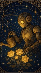 Steampunk robot watering flowers