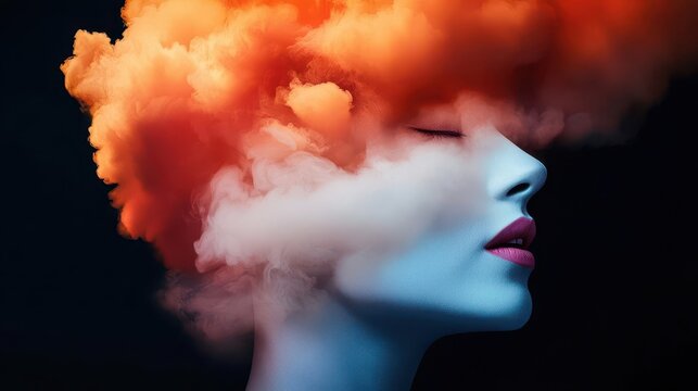 A human face morphing into a cloud of abstract symbols and surreal visions