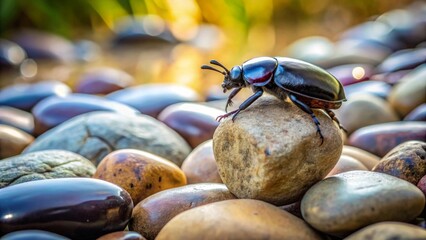 A close-up view of a shiny black beetle perched atop a smooth, grey stone amongst a collection of multicolored, naturally-worn pebbles, bathed in soft sunlight.