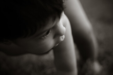 Baby on all fours, while looking at something off camera