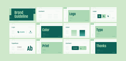 Brand guidelines template, Landscape brand identity presentation, Mint and dark green, modern and clean design, Logotype guidelines template for eco, sustainable, tech startup