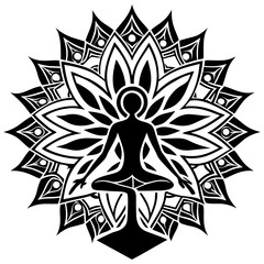 Meditating Figure with Mandala in Black and White Vector Silhouette