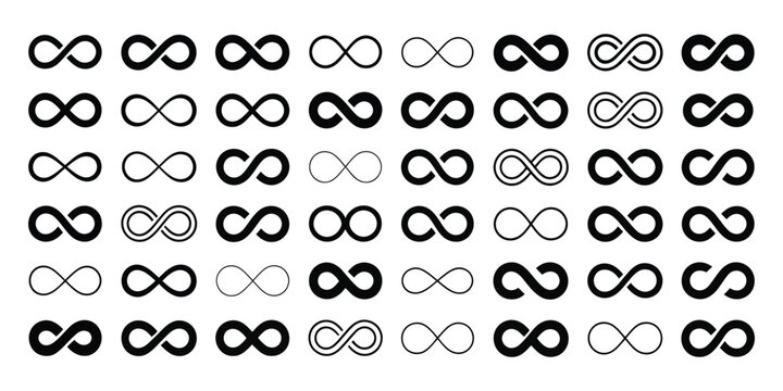 Black infinity symbols collection in various vector styles on white background, ideal for logo design, branding elements, and mathematical or conceptual representation