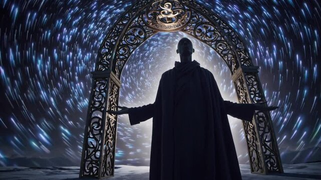 Mage devant un portail galactique tourbillonnant