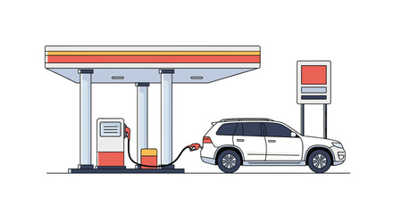 White SUV Vehicle Getting Refueled at a Modern Gas Station with Canopy and Pump Detailed Illustration