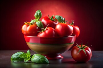 A bowl of ripe red tomatoes and fresh basil leaves