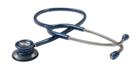 A high quality blue stethoscope with silver accents on a black background.