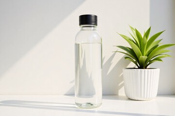 Clear bottle next to small potted plant