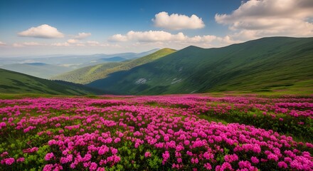 Naklejka premium Vibrant Mountain Slopes Adorned with Blooming Pink Wildflowers. A Majestic Alpine Landscape Under a Clear Blue Sky, Bursting with Natural Beauty. 