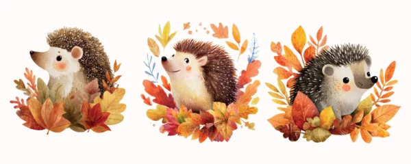 Selbstklebende Fototapeten Zoo Watercolor set of cute autumn hedgehogs. Cute hedgehogs in cartoon style with autumn leaves. Cute forest characters of autumn forest. Characters for autumn school designs, autumn etc.   © Narin