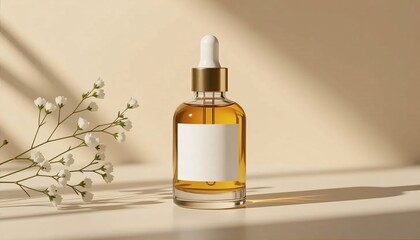 Gold dropper bottle with white flowers