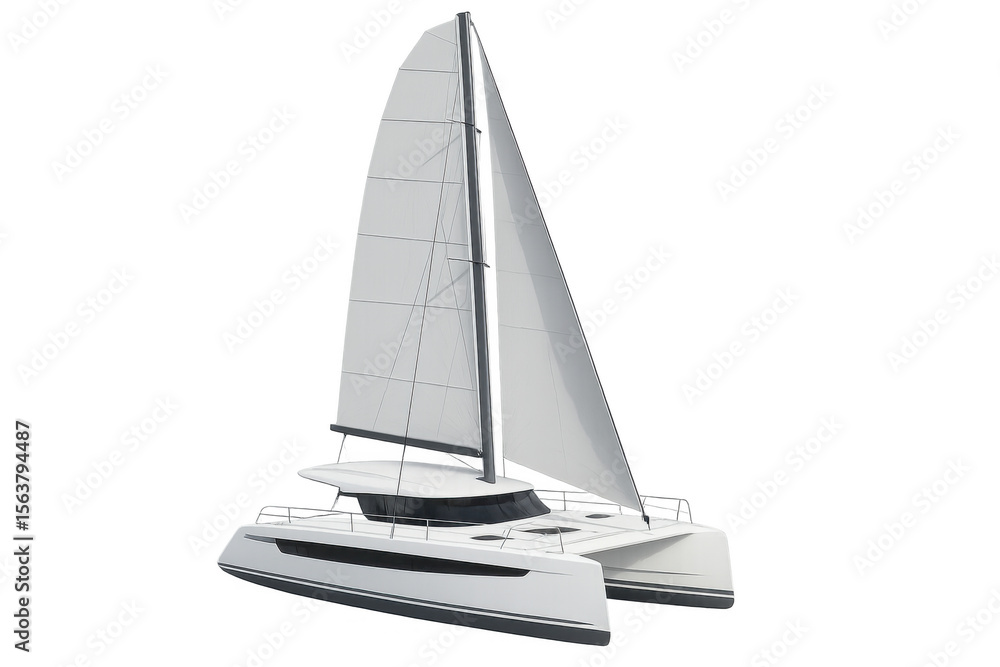 Poster white catamaran sailing yacht with sleek sails, transparent backdrop highlighting nautical design fo