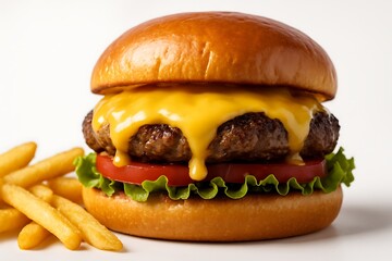 Juicy cheeseburger with melted cheese and crispy french fries on a white background