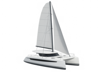White catamaran sailing yacht with sleek sails, transparent backdrop highlighting nautical design for seamless image compositing