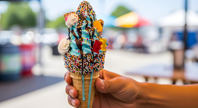 A hand holds a vibrant, multi-flavored ice cream cone generously topped with sprinkles and candies.
