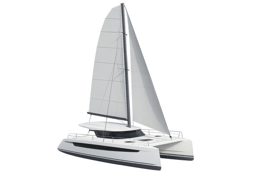 White catamaran sailing yacht with sleek sails, transparent backdrop highlighting nautical design for seamless image compositing