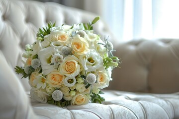 Detailed Color Image of Rustic Wedding Bouquet with Creamy Roses and Carnations