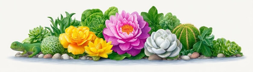 Obraz premium Vibrant floral watercolor illustration with lush succulents and colorful blooms in nature setting
