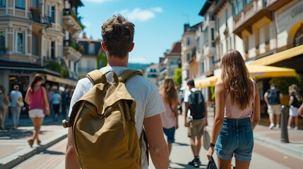 Obraz premium A young Caucasian male walks through a lively street filled with people, enjoying a sunny day of shopping and leisure.