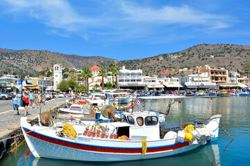 Fishing boats in marina. Elounda is a small fishing town on the northern coast of the island of Crete.